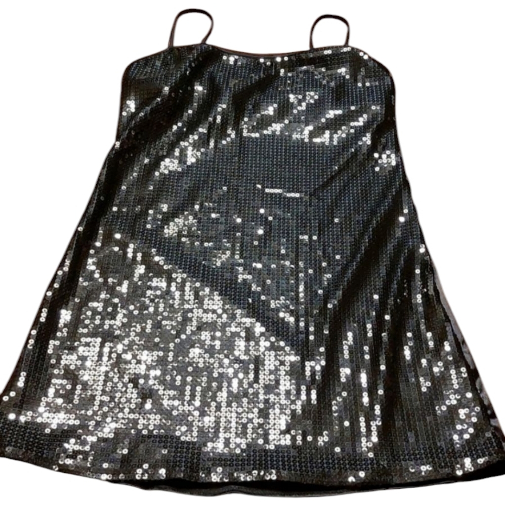 Starline Black Sequin Spaghetti Strap Dress M L EUC Halloween LBD